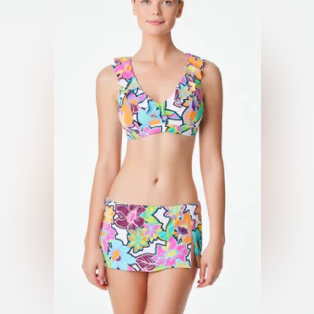 Women's Color Crush Skirted Bikini Bottom(14)Ruffled Bikini Top (36DD) Set 2 Pcs